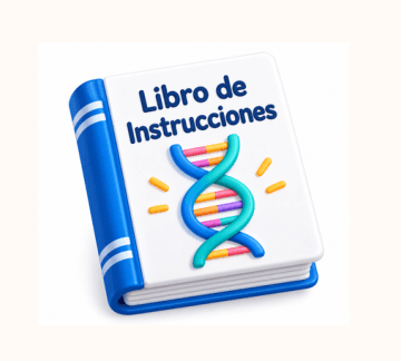 Ilustración de un libro de instrucciones con una cadena de ADN