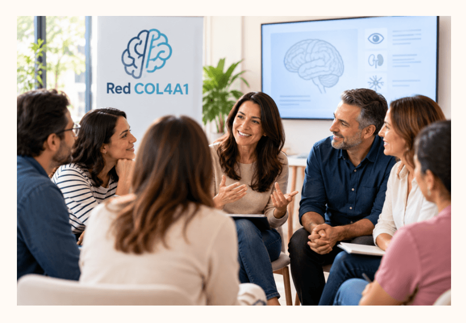 Grupo de personas en una reunión de acompañamiento, con el logotipo de Red COL4A1